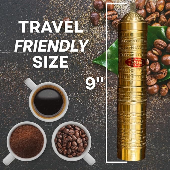 Sozen Hammered 9" Manual Coffee Grinder Brass – Hand Crank Burr Mill for Turkish Coffee, French Press, Espresso, Camping & Home Use – Portable Coffee Bean Grinder, Adjustable Conical Grinder