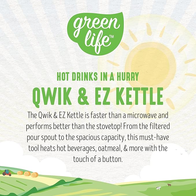 GreenLife 1.7 Liter Glass Electric Kettle, Easy One Touch Use, Quick Heating, Filtered Spout, LED Base, Auto Shut-Off, Cordless Serving, Coffee and Tea, Sage Green