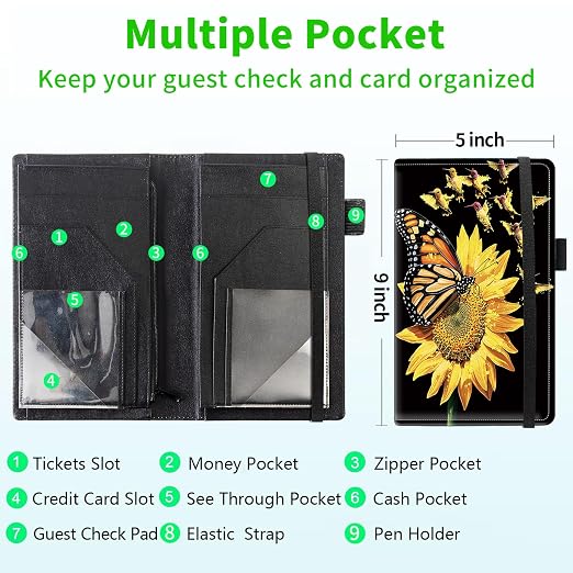 Server Books for Waitress, 5x9 Inch Waitstaff Server Order Pads, 11 Large Pockets, Cute PU Leather Waitress Book Server Wallet with Elastic Band Fit Server Apron,Butterfly & Birds - Image 3