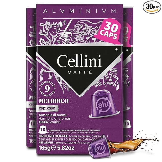 Cellini Caffè Melodico Aluminum Nespresso Pods, 30 Count, Dark Roast Coffee Capsules, 100% Nespresso Original Machine Compatible, Strong