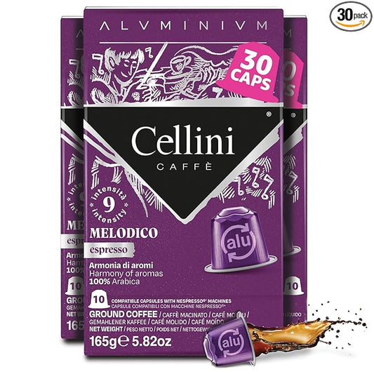 Cellini Caffè Melodico Aluminum Nespresso Pods, 30 Count, Dark Roast Coffee Capsules, 100% Nespresso Original Machine Compatible, Strong