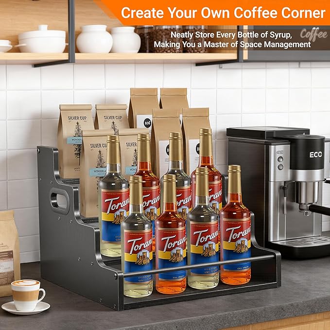 YQBRAO 4-Tier Liquor Bottle Display Shelf, Coffee Syrup Rack Organizer, Water Bottle Organizer, Mini Bar Cabinet, Rustic Bar Shelves for Liquor Whiskey, Spirits（Black）