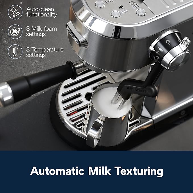 De'Longhi Dedica Maestro Plus Espresso Machine, Automatic Steam Wand, 3 Coffee Temp & Milk Foam Settings, 54oz Removable Tank, Easy-to-Clean Dishwasher-Safe Parts, Compact Stainless Steel Design