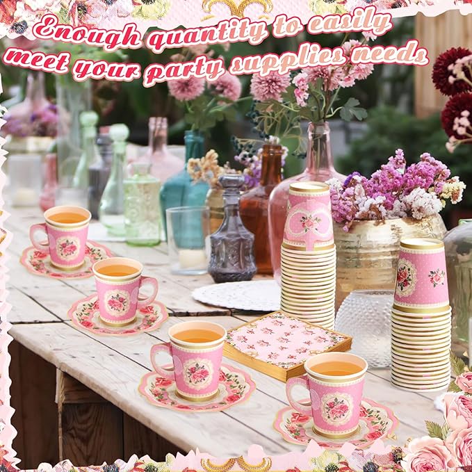 Vesici 150 Pcs Floral Tea Party Decorations for Table 9 oz Disposable Paper Tea Cups with Handles Plates, Saucers and Napkins Set for Spring Party Girl Birthday Wedding Mothers Day(Vivid Style)