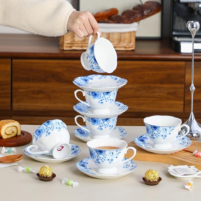 Porcelain Tea Cup and Saucer Set of 6 (12-Piece) - 6oz Cups with Classic Blue Floral Pattern for Tea Party, Dishwasher & Microwave Safe