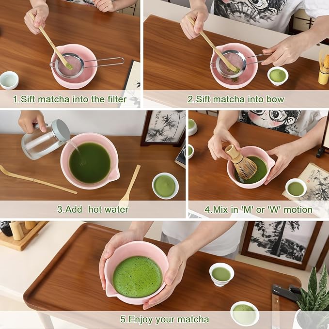 PHILORN Matcha Whisk Set, 9Pcs Ceramic Macha Kit, Matcha Set Whisk and Bowl with Spout, Whisks, Holder, Bamboo Scoop, Scoop Rest, Sifter and Tea Towel for Macha Lover (Pink)