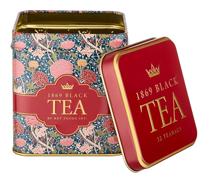 New English Teas Victorian Garden Tea Tin with 32 English Breakfast Teabags – Tapestry Inspired Tin with Decorative Pink Florals (1869 Blend)
