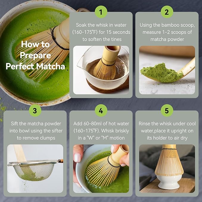 Traditional Matcha Tea Whisk Set with Bamboo Chasen, Ceramic Holder, Scoop, Spoon, Strainer, 5 Piece Japanese Ceremony Kit matcha whisk