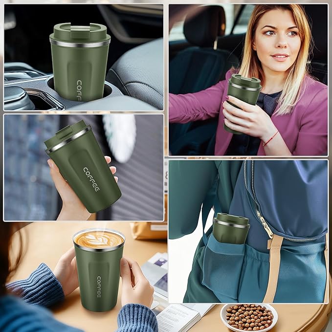 MOMSIV 12oz Travel Mug, Insulated Coffee Cup with Leakproof Lid, Vacuum Stainless Steel Double Walled Reusable Tumbler for Hot and Cold Water Coffee and Tea In Travel and Car Armygreen