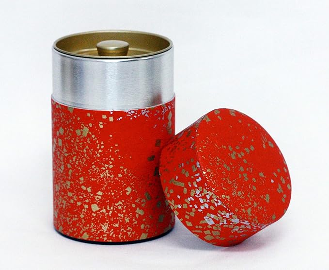 Washi Paper Tea Tin Canister: Long 3.5oz (100g) Gold and Silver Stardust in The red Sky (#88), Japan