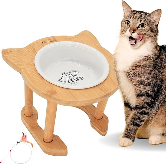 Rênasci® Elevated Ceramic Cat Food Dish Bowl, Adjustable Height, Raised Eco-Bamboo Wood Rack, Sturdy Pet Feeder, Tilted Angle for Cats