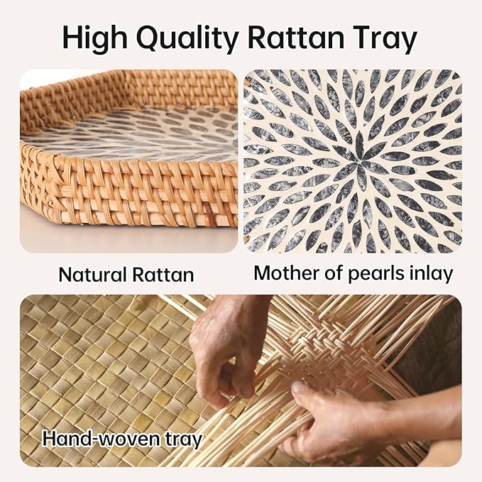 Hexagon Rattan Tray with Mother of Pearl Inlay, Rattan Serving Tray for Coffee, Bread, Fruits, Snacks, Decorative Wicker Tray for Table Decor, Home Decor (Dark Blue Leaves, 14.5"×12.8")