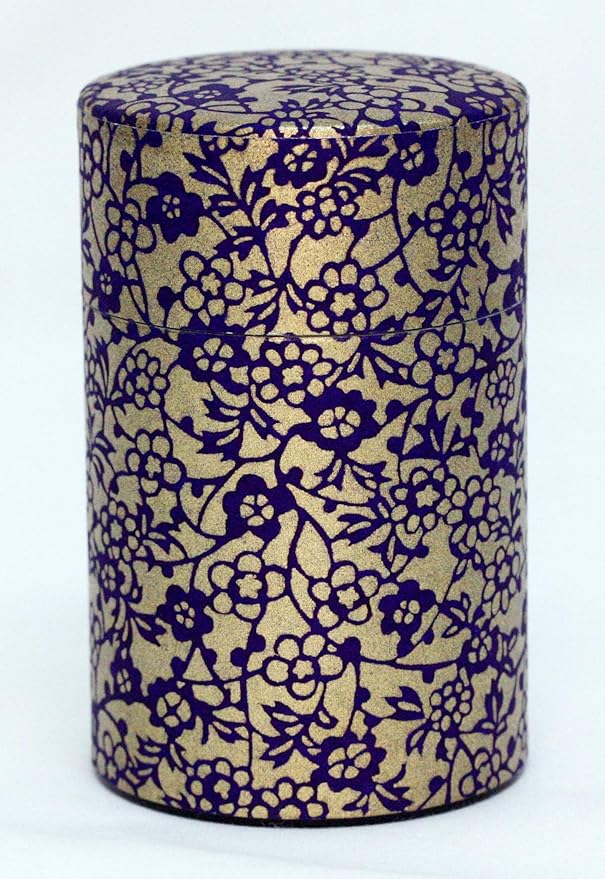 Washi Paper Tea Tin Canister: Long 3.5oz (100g) Purple and gold Flower & Ivy (#80), Japan