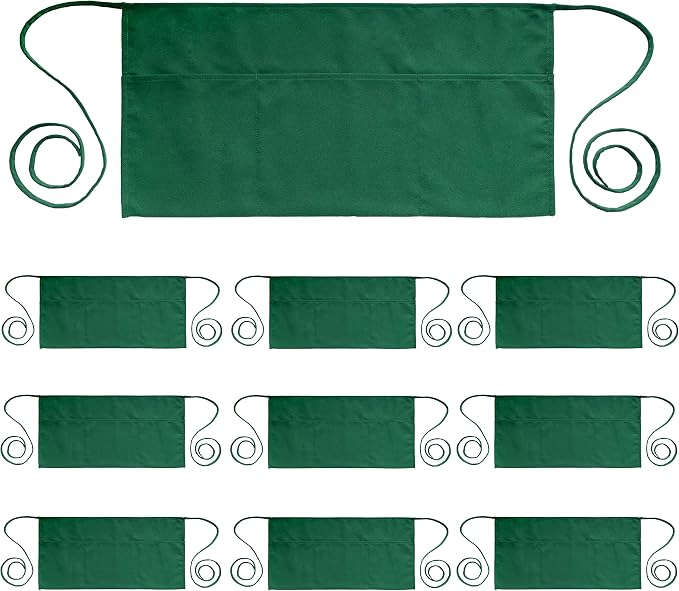 PLOYMONO 10P Green Server Apron with 3 Pockets, Short Waist Waitress Apron | Polyester Short Waiter Apron with 3 Deep Pockets, Great for Restaurant Servers, Bartenders, Hosts, Baristas by PLOYMONO