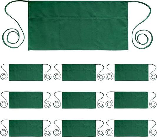 PLOYMONO 10P Green Server Apron with 3 Pockets, Short Waist Waitress Apron | Polyester Short Waiter Apron with 3 Deep Pockets, Great for Restaurant Servers, Bartenders, Hosts, Baristas by PLOYMONO