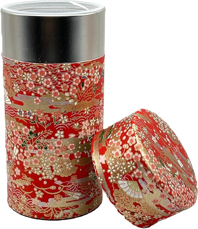 Japanese Tea Canister Tin Hyakkaryoran(Many Flowers Blooming in Profusion) /Double Lid/Japanese YUZEN Washi Paper Pasted /200g Tea Capacity/Loose Leaf Tea Storage/Storage Container with Lid