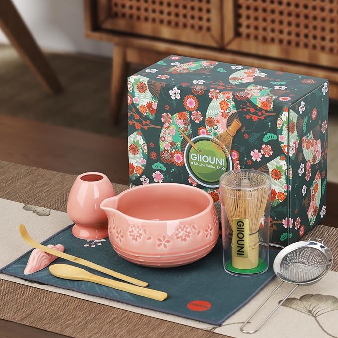 Matcha Whisk Set, Ceramic Bowl with Spout, Bamboo Matcha Whisk & Spoon, Chasen Holder, Scoop Rest, Sifter, 8-Pcs Japanese Ceremony Matcha Powder Kit–Valentine's Day Gift for Women-Pink