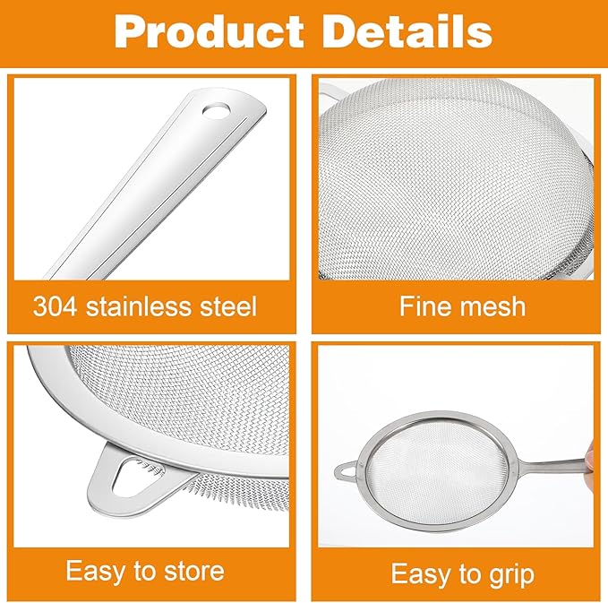 2 Pack Sieve Fine Mesh Stainless Steel, Mesh Strainer with Handle, Fine Meshes Strainers for Cooking Tea Food Strainer, 2 Sizes