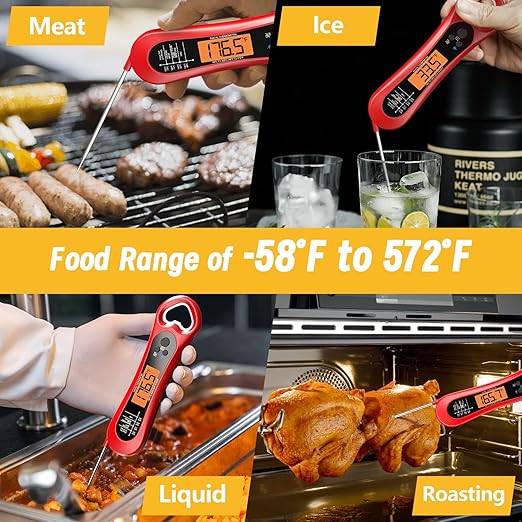 Meat Thermometer Digital, Instant Read Meat Thermometer for Grill and Cooking, with Bottle Opener, Backlight & Calibration Food Thermometer, Kitchen Gadgets for BBQ, Turkey, Candy, Liquids