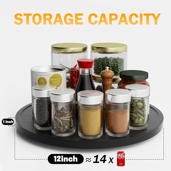 Lazy Susan Organizer Homerays 12 Inch Non-Skid Bamboo Lazy Susan for Kitchen Rotating Spice Rack for Kitchen Cabinet, Wood Turntable for Kitchen Countertop Organizer Black - Image 6
