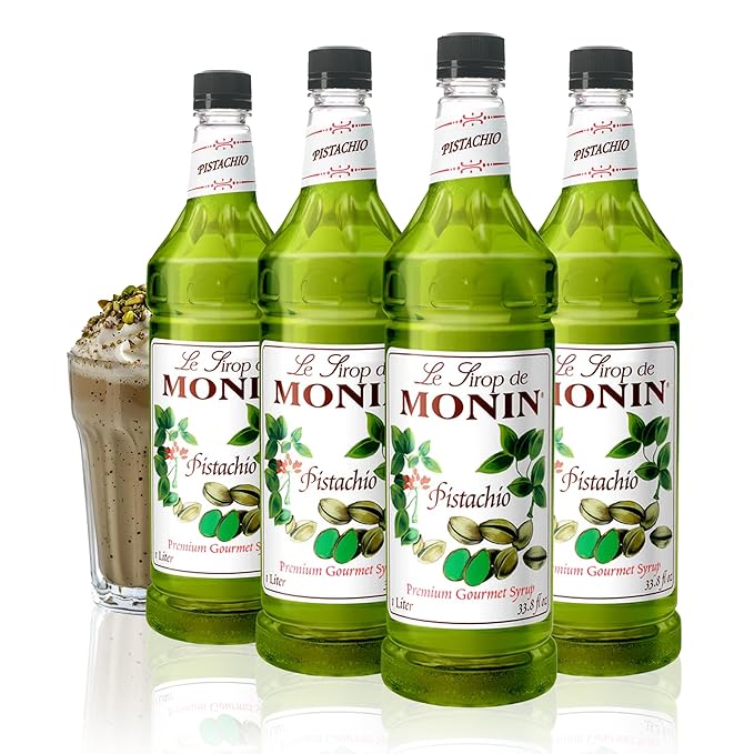 Monin - Pistachio Syrup | Rich & Buttery Sweetness, Premium Syrup for Coffee, Cold Brews & More | Clean Label with No Artificial Flavors, No Artificial Preservatives (BPA Free Bottle, 1 Liter, 4-pack)