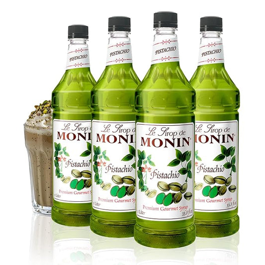 Monin - Pistachio Syrup | Rich & Buttery Sweetness, Premium Syrup for Coffee, Cold Brews & More | Clean Label with No Artificial Flavors, No Artificial Preservatives (BPA Free Bottle, 1 Liter, 4-pack)