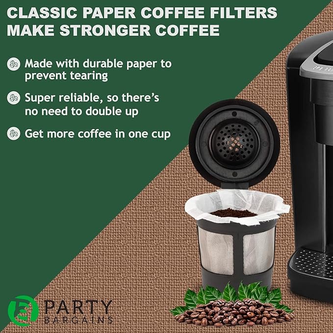 PARTY BARGAINS 300 Classic Disposable Coffee Filter Liners – Compatible with Keurig Brewers & K‑Cup Reusable Pods, Single‑Use Classic Design