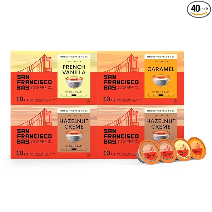 San Francisco Bay Coffee - Flavored Variety Pack (40 ct) - Hazelnut Crème, Caramel, & French Vanilla - Single Serve Coffee Pods, Commercially Compostable, K Cup Compatible