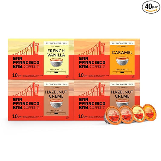 San Francisco Bay Coffee - Flavored Variety Pack (40 ct) - Hazelnut Crème, Caramel, & French Vanilla - Single Serve Coffee Pods, Commercially Compostable, K Cup Compatible