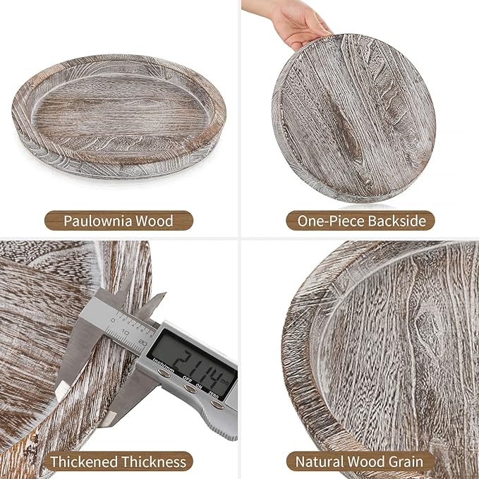Hanobe Decorative Tray for Coffee Table: Round Candle Plate Holder Centerpieces for Dining Room Kitchen - Wooden Farmhouse Tray Vintage Home Decor