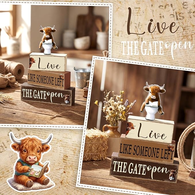 Geelin 4 Pcs Highland Cow Bathroom Decorations Bathroom Wooden Table Centerpiece Blocks Highland Cow Tiered Tray Decor for Indoor Home Desk Room Shelf Decor