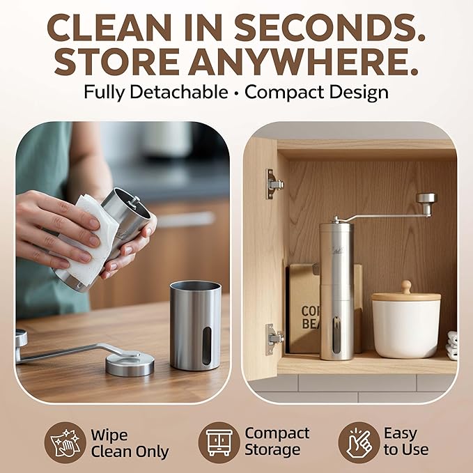 ZaksCoffee Manual Coffee Grinder Stainless Steel Core – Hand Coffee Grinder with 11 Adjustable Settings, Durable Handle and Knob, Portable and Quiet Design for Travel or Home Brewing