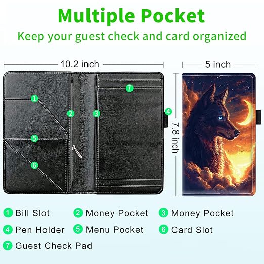 Server Books for Waitress, with 7 Large Pockets, Waiter Serving Book, Waitstaff Server Order Pads, Cute PU Leather Server Book with Pen Holder Fit Server Apron,Wolf at Moonlit Night - Image 3