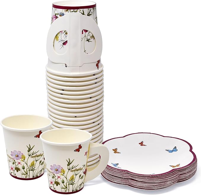 Gift Boutique 24 Tea Party Cups Disposable 5 Oz 24 Saucers Paper Plate Floral Wildflower Butterfly Teacup Set with Handles for Kids Girls Birthday