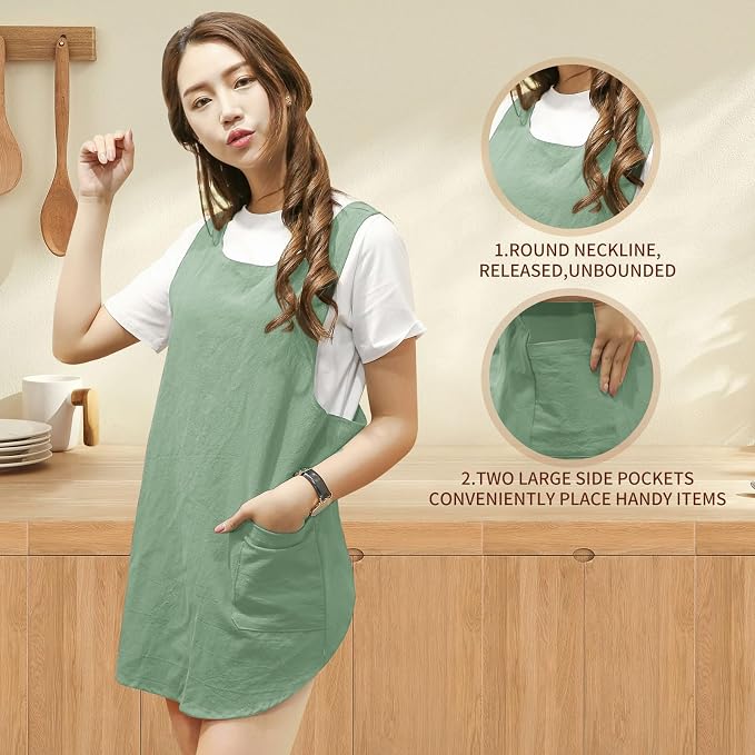 Shortened Design Apron, Japanese Style Soft Cotton Linen Apron with Two Side Pockets, X Cross Halter Aprons, Kitchen Cooking Clothes Gift for Women DIY Project, Crafting, Cooking, Baking(Mint Green) - Image 5