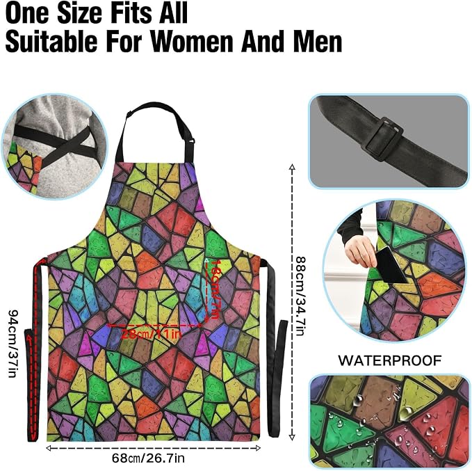 Rainbow Glass Apron for Men and Women Water and Oil Resistant Adjustable Bib Aprons with 2 Pockets for Chef Kitchen Cooking Baking - Image 3