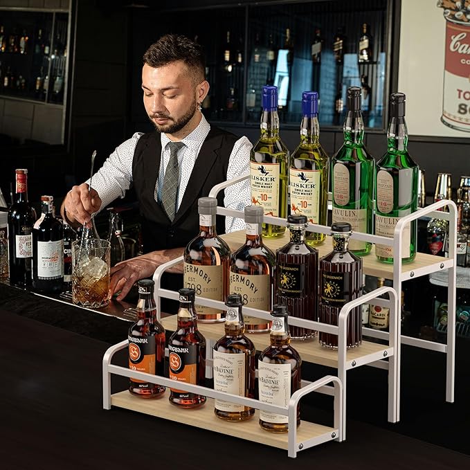 Coffee Syrup Organizer 3-Tier, 12 Bottles Capacity Coffee Syrup Rack, Syrup Stand for Spice, Wine, Liquor, Bottle, Coffee Bar Station Racks Magnetic, No installation (Light-colored wood, White)