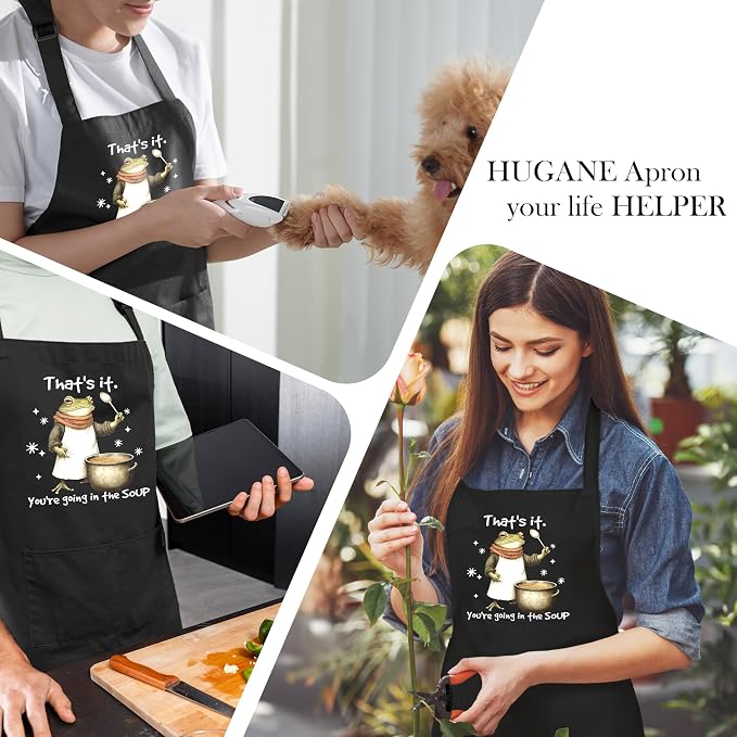 Humor Funny Frog Apron with Pockets, Gifts for Frog Lovers, You're Going in the Soup Sarcastic Animal Waterproof Adjustable Cooking Apron for Kitchen Dishwashing Grilling - Image 3