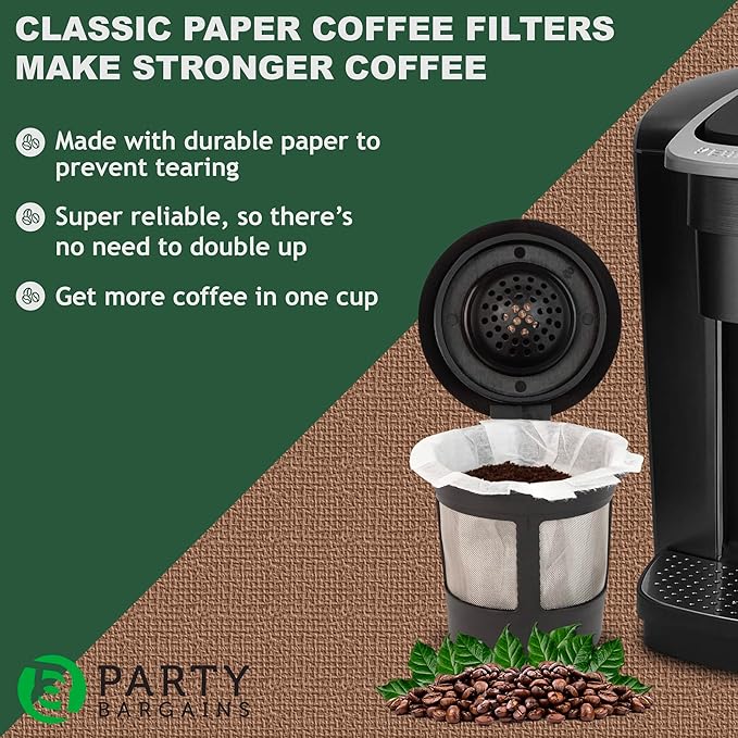 PARTY BARGAINS 600 Classic Disposable Coffee Filter Liners – Compatible with Keurig Brewers & K‑Cup Reusable Pods, Single‑Use Classic Design