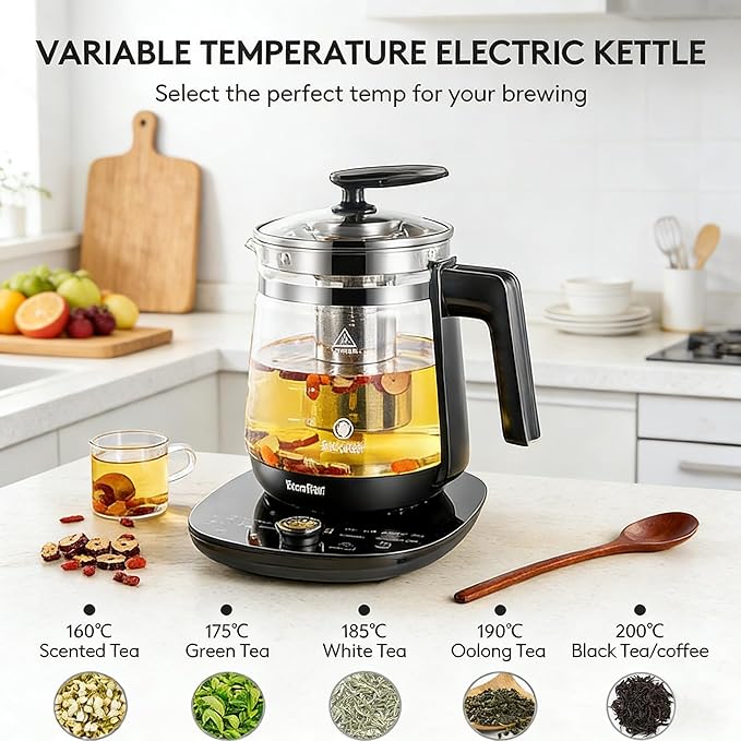 800w Electric Kettle, 2L Borosilicate Glass tea kettle, Hot water kettle electric for Coffee or Tea, BPA Free, Auto Shut-Off, Stainless Steel, Fast Boil