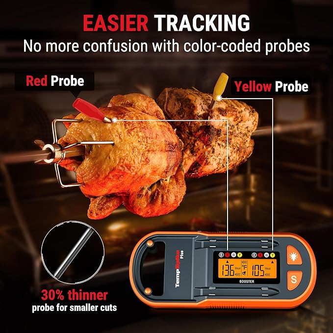 ThermoPro TempSpike Plus 600ft Wireless Meat Thermometer with 2 Color-Coded Probes, Bluetooth Meat Thermometer Wireless with LCD-Enhanced Booster for Food Cooking Grill Smoker