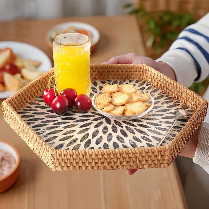 Hexagon Rattan Tray with Mother of Pearl Inlay, Rattan Serving Tray for Coffee, Bread, Fruits, Snacks, Decorative Wicker Tray for Table Decor, Home Decor (Dark Blue Leaves, 14.5"×12.8")
