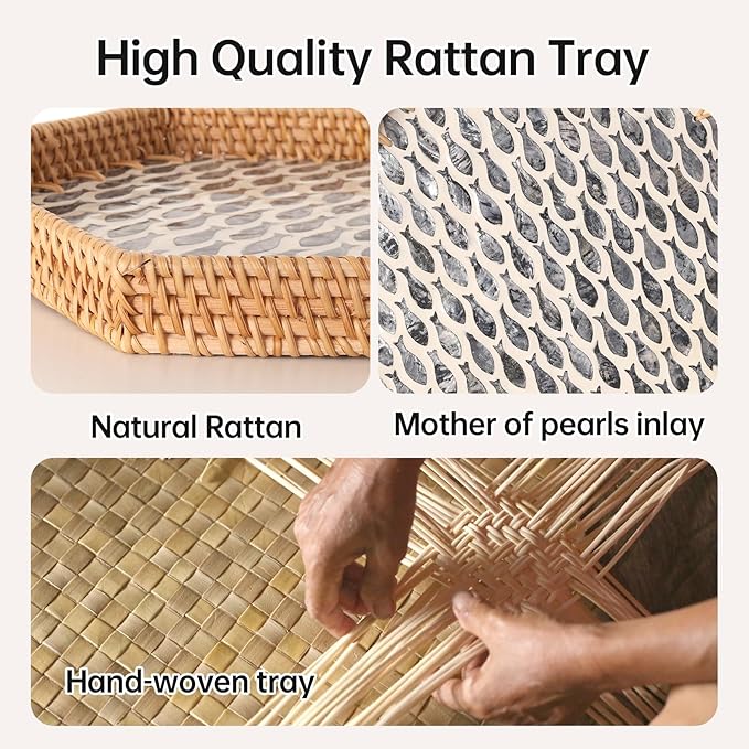Hexagon Rattan Tray with Mother of Pearl Inlay, Rattan Serving Tray for Coffee, Bread, Fruits, Snacks, Decorative Wicker Tray for Table Decor, Home Decor (Little Bluefish, 14.5"×12.8")