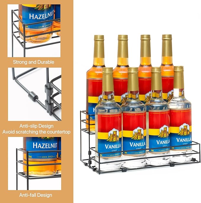 8 Bottles Coffee Syrup Rack Organizer, Coffee Syrup Stand Holder, 2 Tier Coffee Syrup Organizer for Coffee Bar Station, Wine Rack for Countertop, Bottle Display Shelf for Cocktail, Dressing