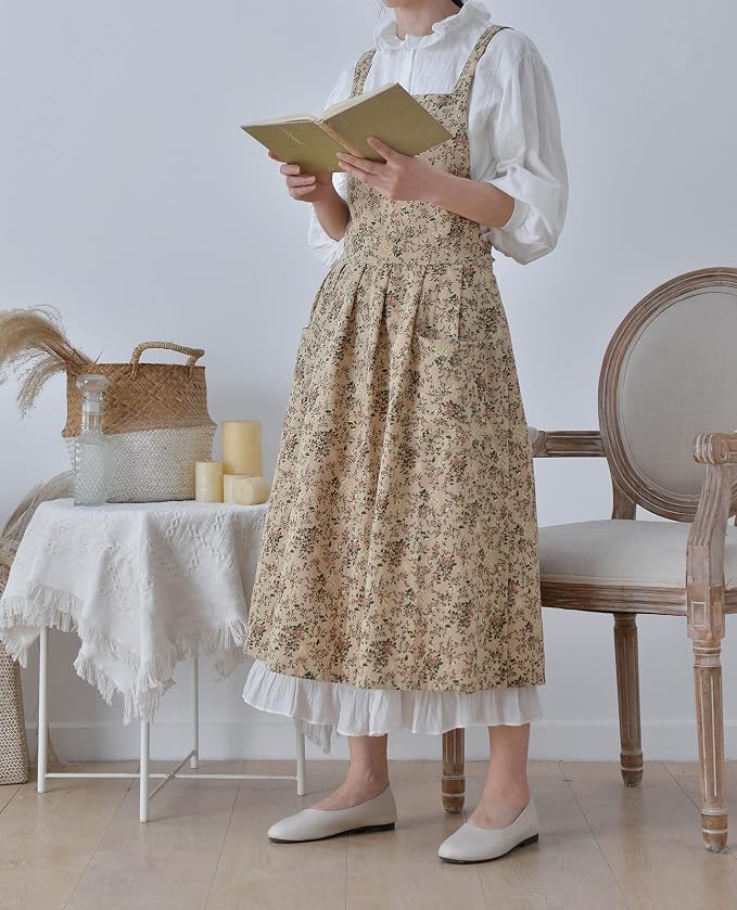 Japanese Cotton Linen Cross Back Apron with Pockets,Fashion Pinafore Dress for Gardening Painting Cleaning Cooking - Image 2