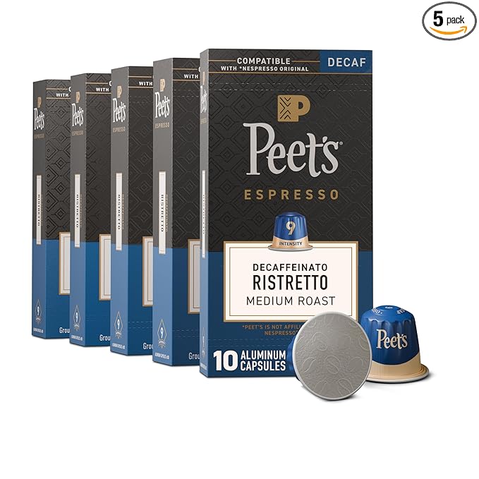 Peet's Coffee, Medium Roast Decaf Espresso Capsules, Compatible with Nespresso Original Machine, Decaffeinated Arabica Coffee - Decaf Ristretto Intensity 10, 50 CT (5 Boxes of 10 Espresso Capsules)