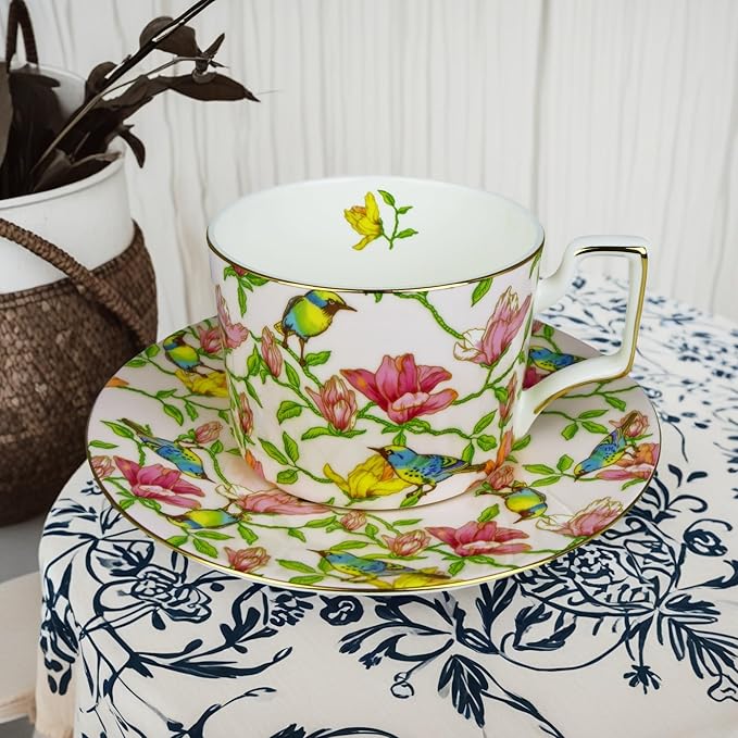 Vintage 8 Ounces Teacup and Saucers Set Floral Tea Cups Set Bone China TeaCups Coffee Tea Cup for Tea Party Women Mom (Pink)