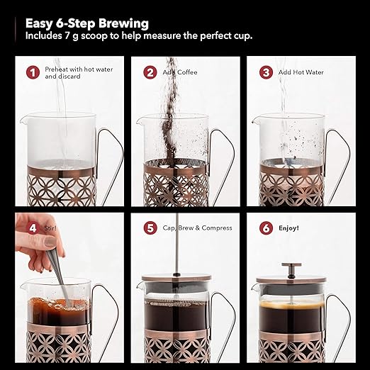OVENTE French Press Coffee Maker 34 Ounce with Heat Resistant Borosilicate Glass, Stainless Steel Design and 4-Level Filter System, Portable Cold Brewer Pot for Travel, Camping or Gift, Copper FSF34C