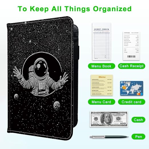 Server Books for Waitress, with 7 Large Pockets, Waiter Serving Book, Waitstaff Server Order Pads, Cute PU Leather Server Book with Pen Holder Fit Server Apron,Astronaut in Space - Image 5