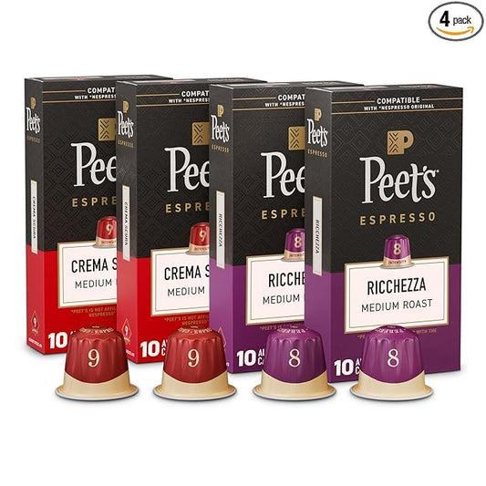 Peet's Coffee, Medium Roast Espresso Capsules Variety Pack, Compatible with Nespresso Original Machine, 100% Arabica Coffee - Intensity 8-9, 40 Count (4 Boxes of 10 Espresso Capsules)